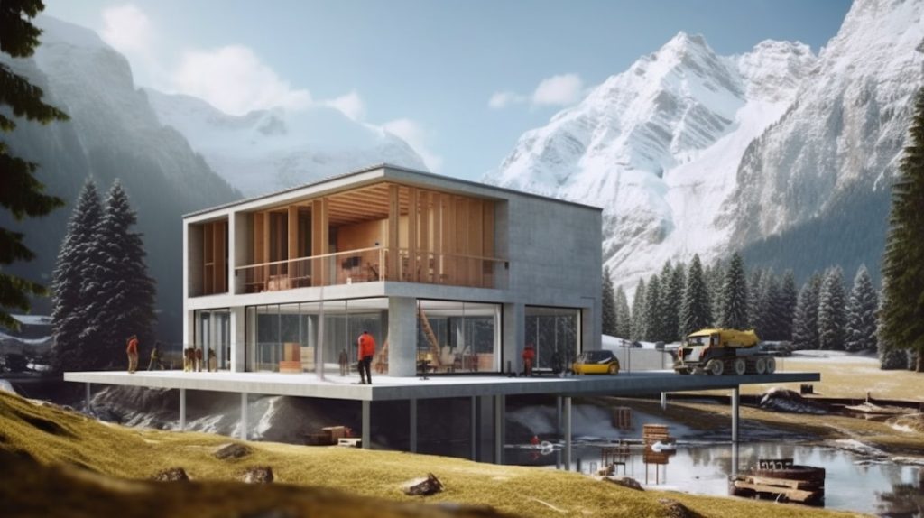 Travailleurs en construction érigeant une maison en Suisse