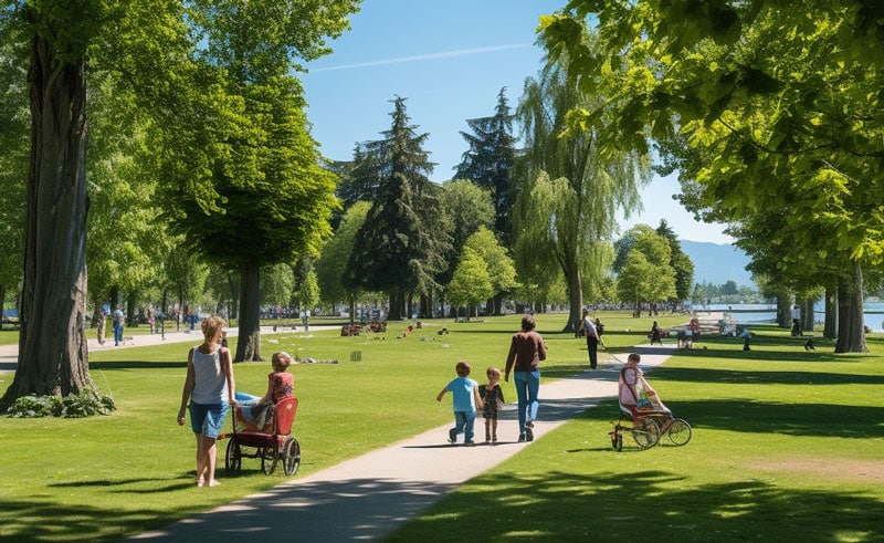 famille promenade dans un parc à Lausanne aux bords du lac léman