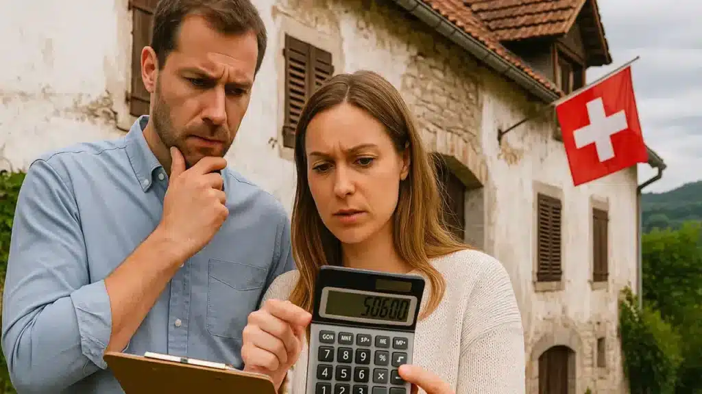 Un homme et une femme à l'extérieur d'une maison en pierre avec des volets en bois fermés, observant avec sérieux une calculatrice affichant 50600, une tablette à la main de l'homme ; un drapeau suisse est accroché à la façade de la maison en arrière-plan. Un homme et une femme à l'extérieur d'une maison en pierre avec des volets en bois fermés, observant avec sérieux une calculatrice affichant 50600, une tablette à la main de l'homme ; un drapeau suisse est accroché à la façade de la maison en arrière-plan.