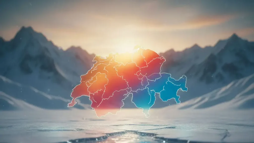 Cette image représente une scène hivernale avec des montagnes enneigées en arrière-plan et un soleil couchant qui illumine le ciel de couleurs chaudes. Au premier plan, une étendue de glace craquelée recouvre un lac ou une étendue d'eau gelée. Au-dessus de la glace, une carte de la Suisse stylisée est posée, divisée en cantons colorés qui passent du rouge vif à gauche (indiquant des régions sous tension) au bleu plus froid à droite (représentant des zones de stabilité). Cette image représente une scène hivernale avec des montagnes enneigées en arrière-plan et un soleil couchant qui illumine le ciel de couleurs chaudes. Au premier plan, une étendue de glace craquelée recouvre un lac ou une étendue d'eau gelée. Au-dessus de la glace, une carte de la Suisse stylisée est posée, divisée en cantons colorés qui passent du rouge vif à gauche (indiquant des régions sous tension) au bleu plus froid à droite (représentant des zones de stabilité).