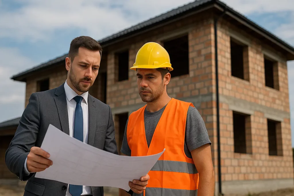 constructeur-et-promteur ALT : un homme en costume et un ouvrier en gilet orange examinent un plan devant une maison en construction en briques
