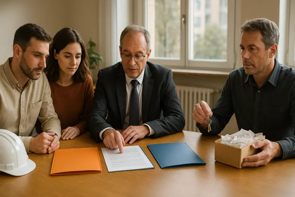 Notaire au centre expliquant un contrat à un jeune couple, avec à gauche un représentant de promoteur devant un casque et des plans, et à droite un particulier tenant des clés, autour d’une table éclairée par la lumière du jour. Notaire au centre expliquant un contrat à un jeune couple, avec à gauche un représentant de promoteur devant un casque et des plans, et à droite un particulier tenant des clés, autour d’une table éclairée par la lumière du jour.