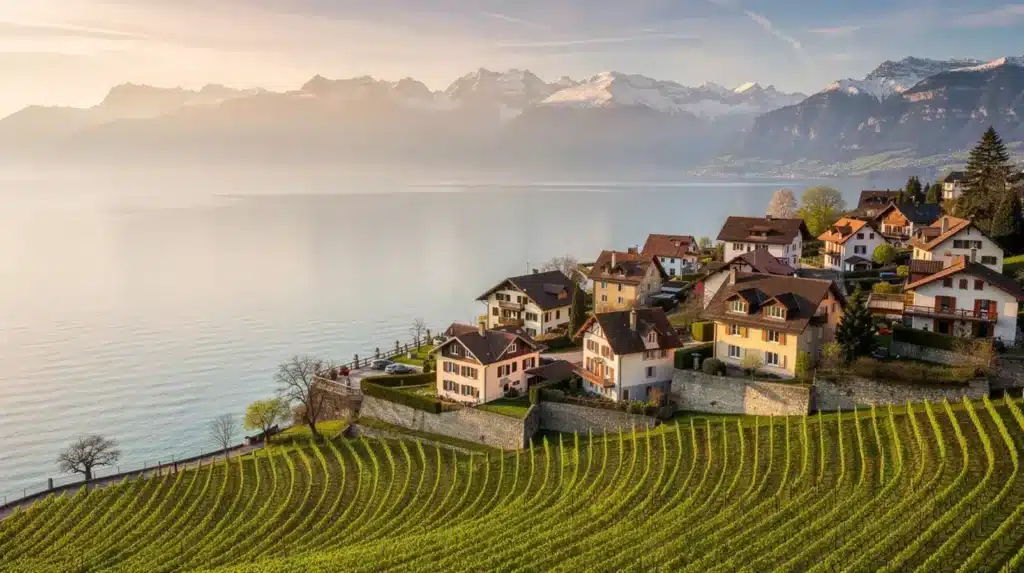Vue aérienne du bord du lac Léman avec des communes résidentielles et des vignobles en Suisse romande au printemps Vue aérienne du bord du lac Léman avec des communes résidentielles et des vignobles en Suisse romande au printemps