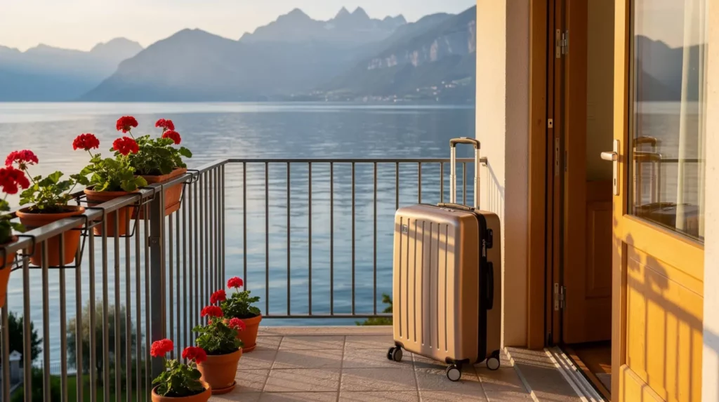 Balcon d'un appartement suisse avec vue sur le lac Léman et une petite valise près de la porte