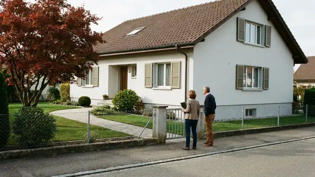 Un homme et une femme devant le portail d'une maison familiale en automne Un homme et une femme devant le portail d'une maison familiale en automne